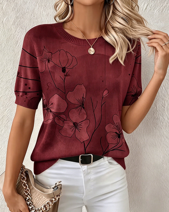 Flora – Printed Short Sleeve Crew Neck Sweater