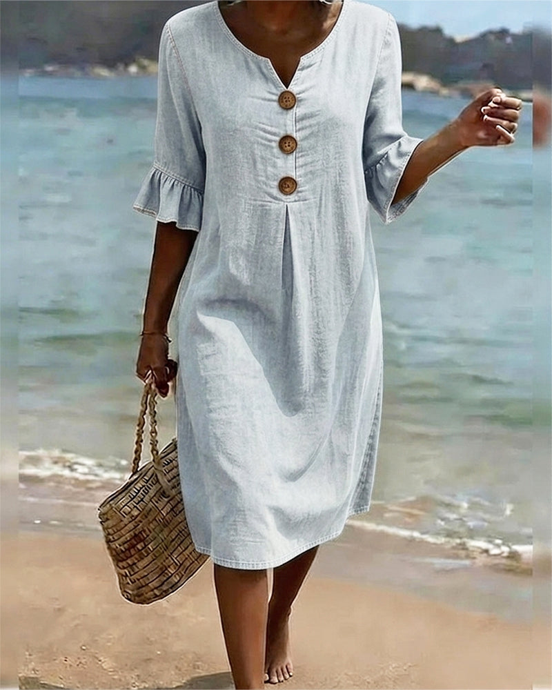 Isla – Leaf Dress With Denim Sleeves