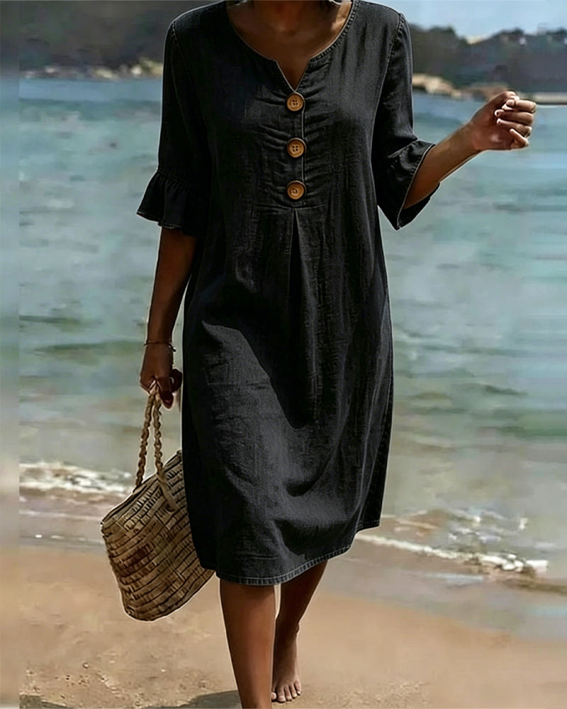 Isla – Leaf Dress With Denim Sleeves