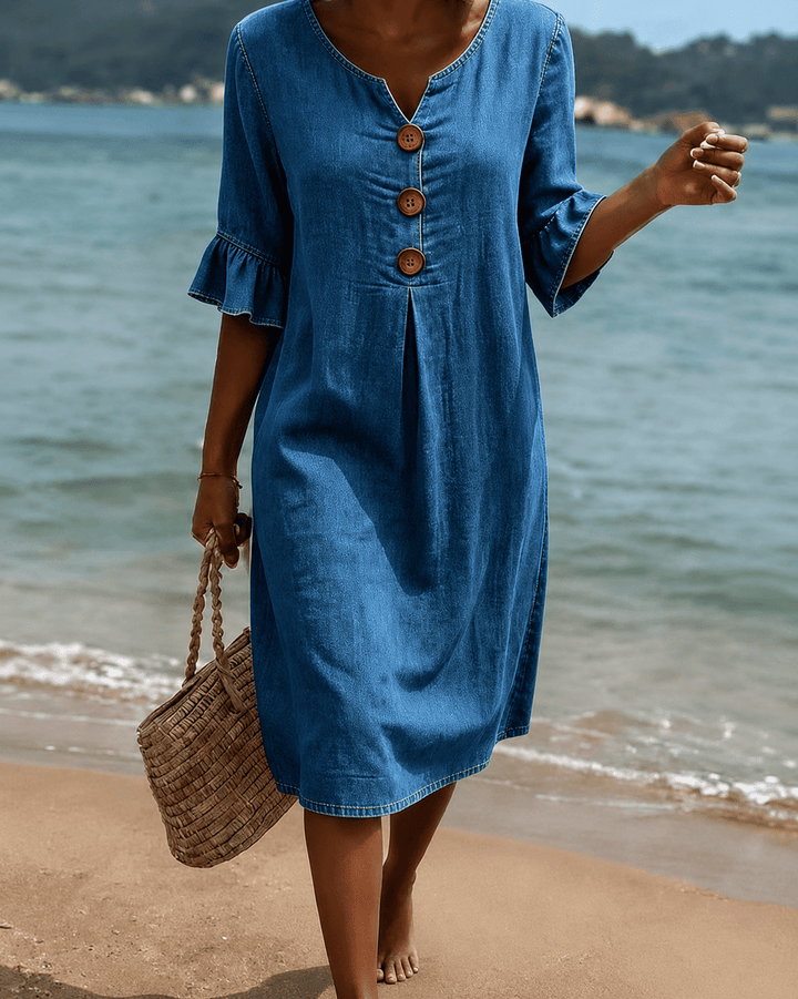 Fammke - Leaf Dress With Denim Sleeves