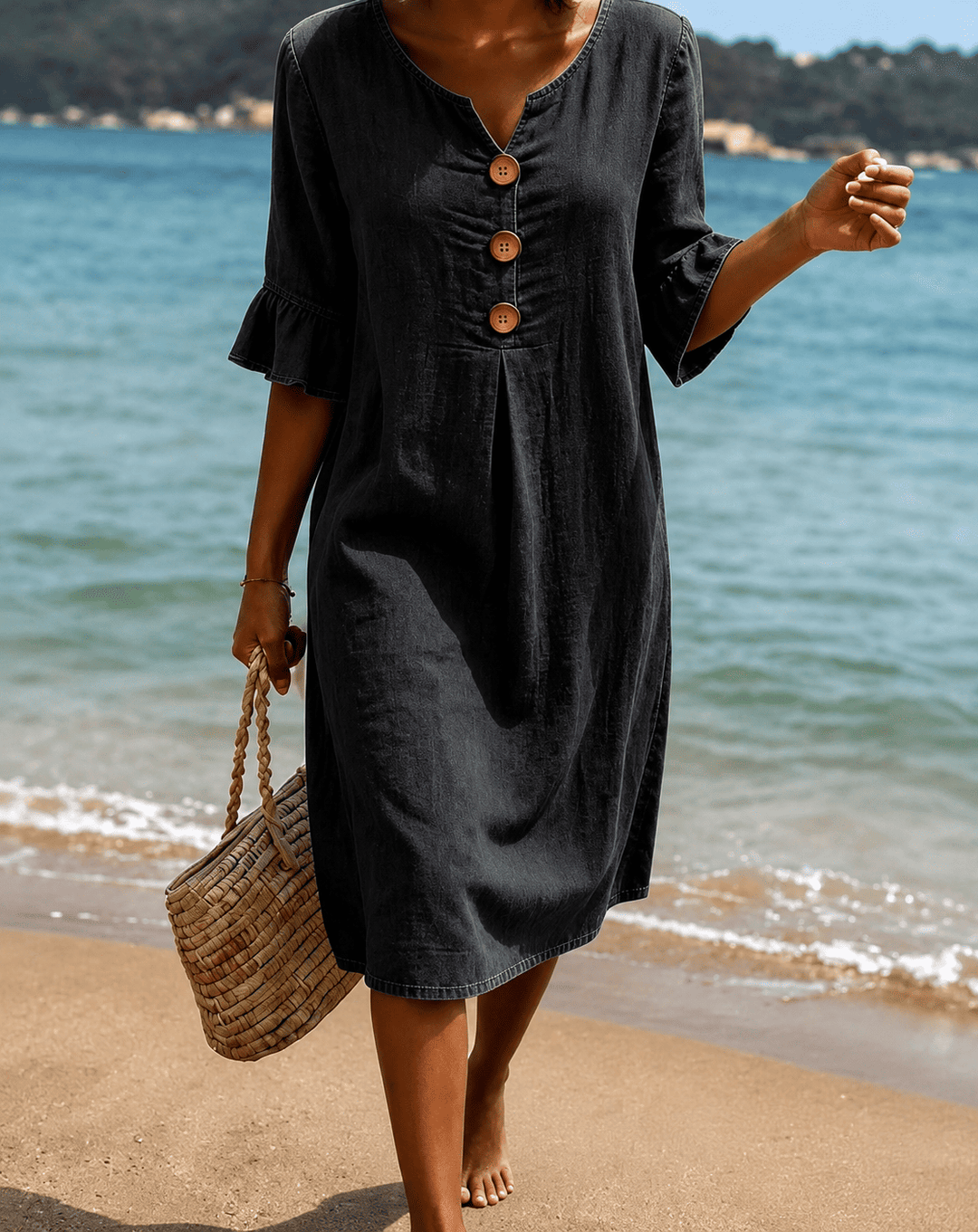 Fammke - Leaf Dress With Denim Sleeves