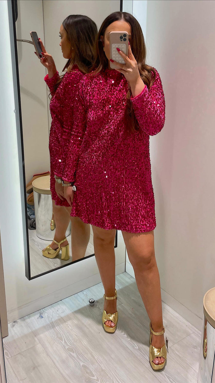 BONNIE™ -  Elegant Sequin Dress with Fitted Round Neck &amp; Long Sleeves