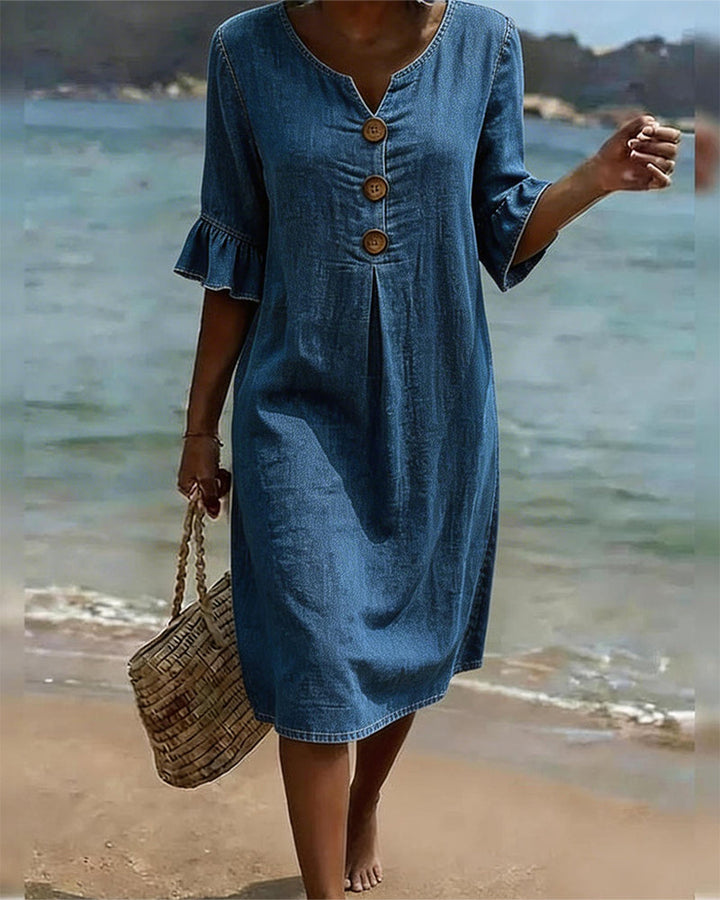 Isla – Leaf Dress With Denim Sleeves