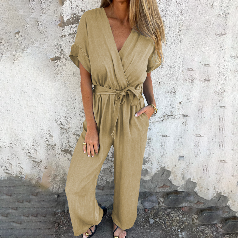 Mila – Casual V-Neck Tie Waist Wide Leg Jumpsuit